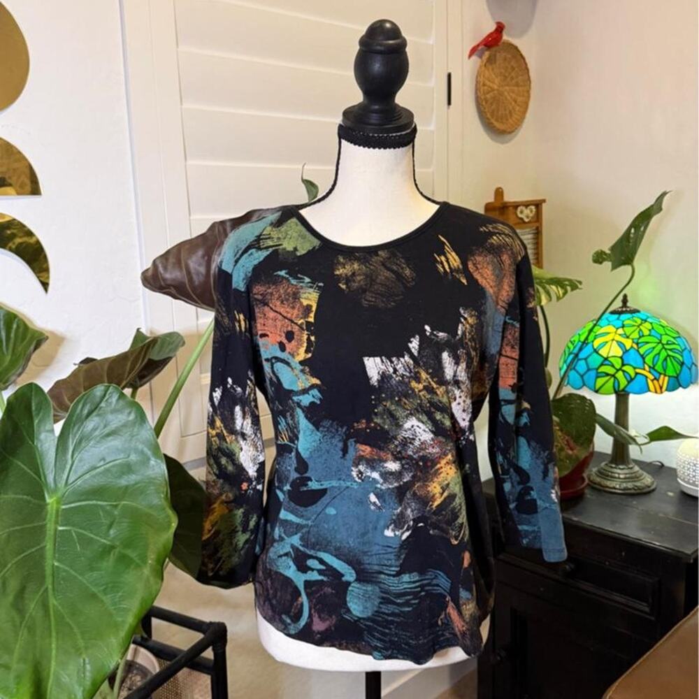 Y2K Jess & Jane Radiance Abstract Rhinestone 3/4 Sleeve Top Made in USA Medium